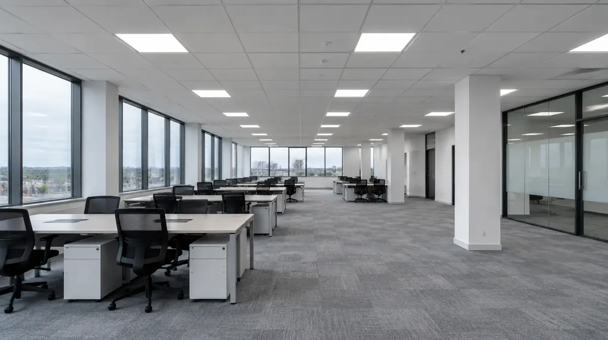 Modern commercial office with a clean modular suspended ceiling and integrated lighting