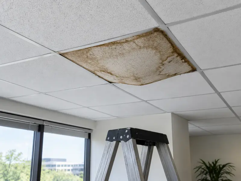 Water-stained sagging ceiling tile among clean white tiles in an office