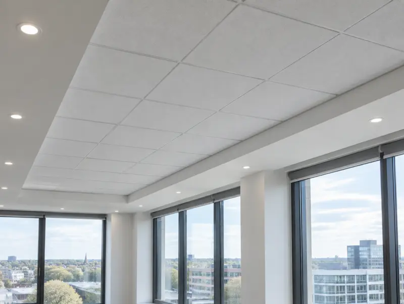 Office ceiling with a plasterboard bulkhead around the perimeter and grid ceiling in the centre