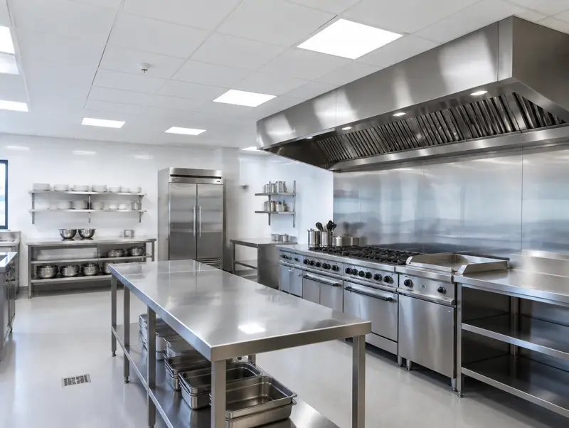 Commercial kitchen with a hygiene suspended ceiling