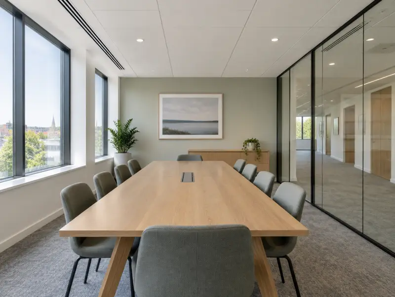 Meeting room with a smooth white acoustic suspended ceiling above an oak table