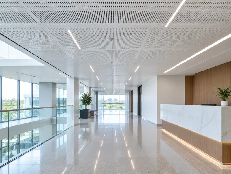 Corridor with a perforated white metal tile suspended ceiling and linear lights