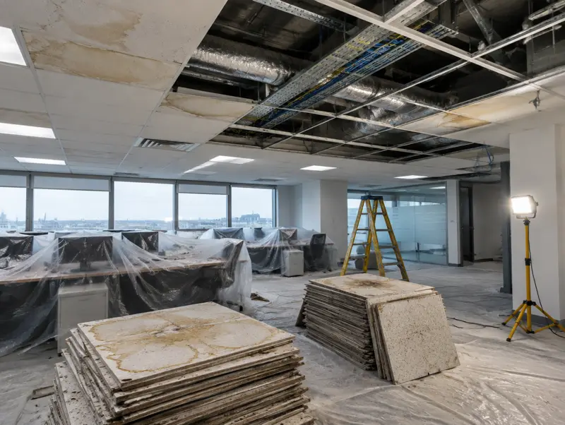 Old stained ceiling tiles stacked on dust-sheeted desks during a ceiling strip-out