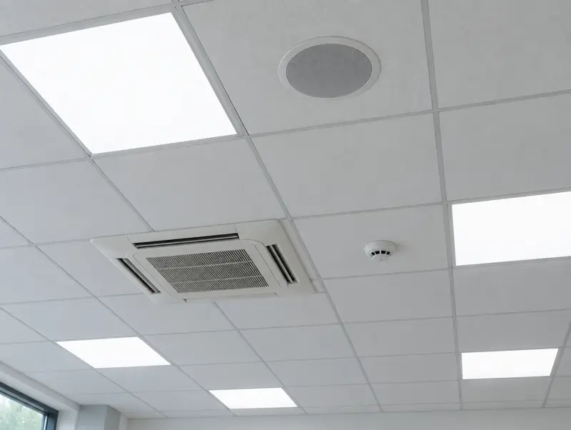 Suspended ceiling grid with flush LED panels, a speaker, an air-conditioning cassette and a detector