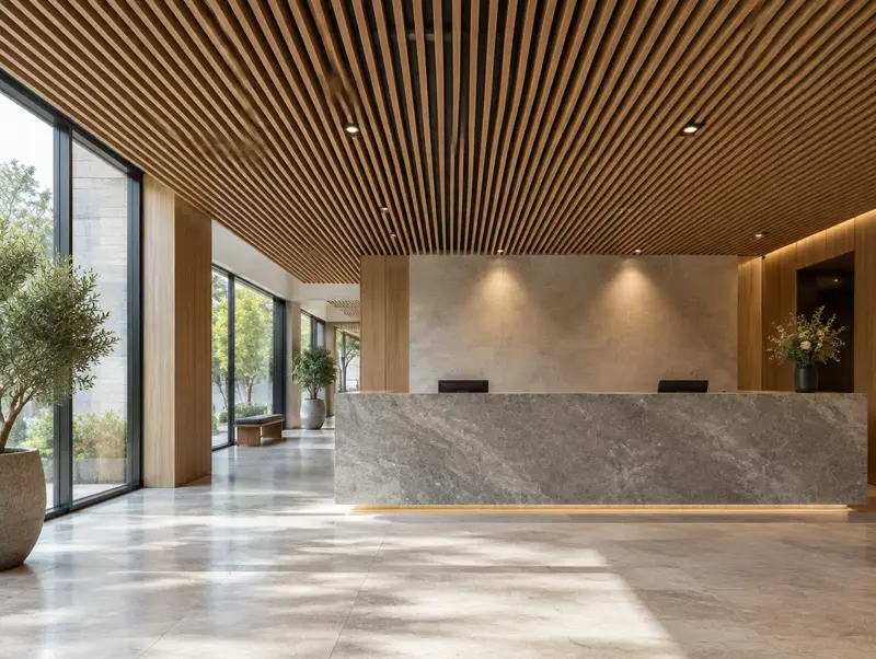 Reception with a warm oak timber slat ceiling and recessed downlights