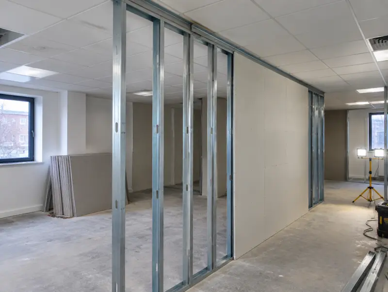 Metal stud partition framing being boarded beneath a finished suspended ceiling