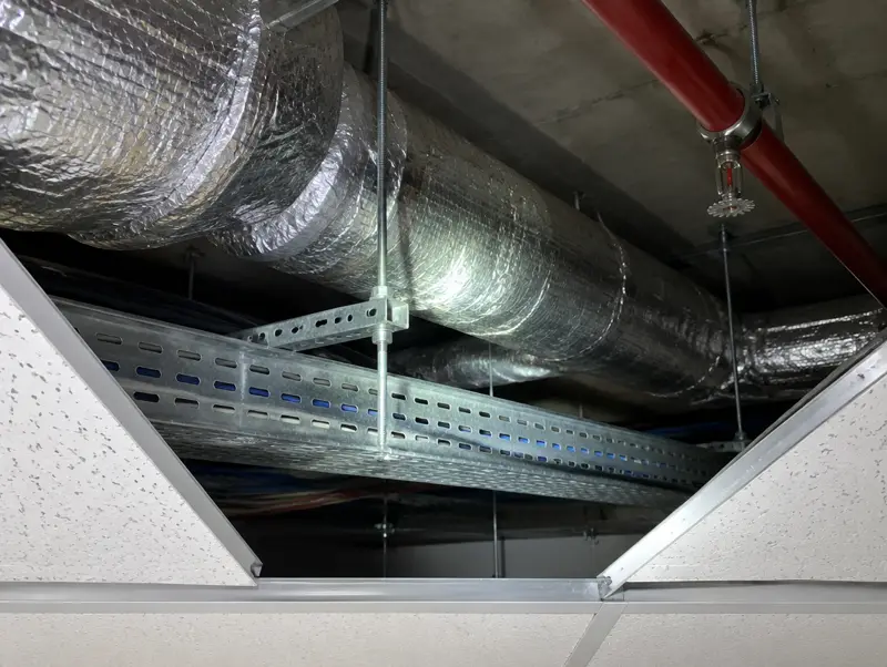 Ceiling void above lifted tiles showing hangers, cable tray and ductwork