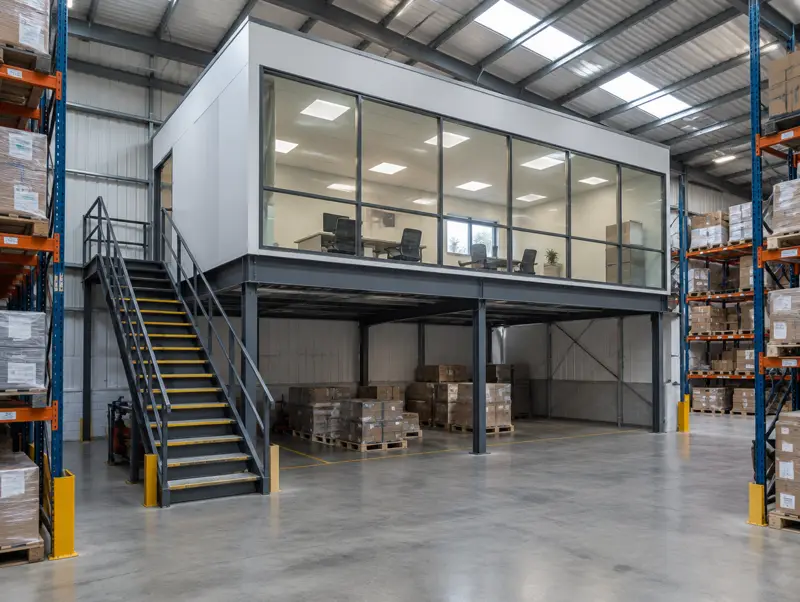 Mezzanine office with a suspended ceiling inside a warehouse