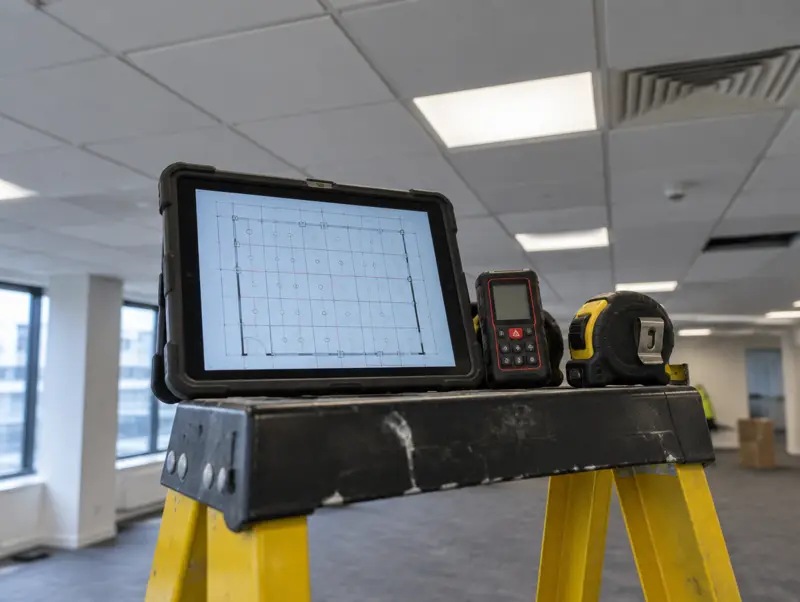 Ceiling survey with a laser measure and plan drawing on a tablet